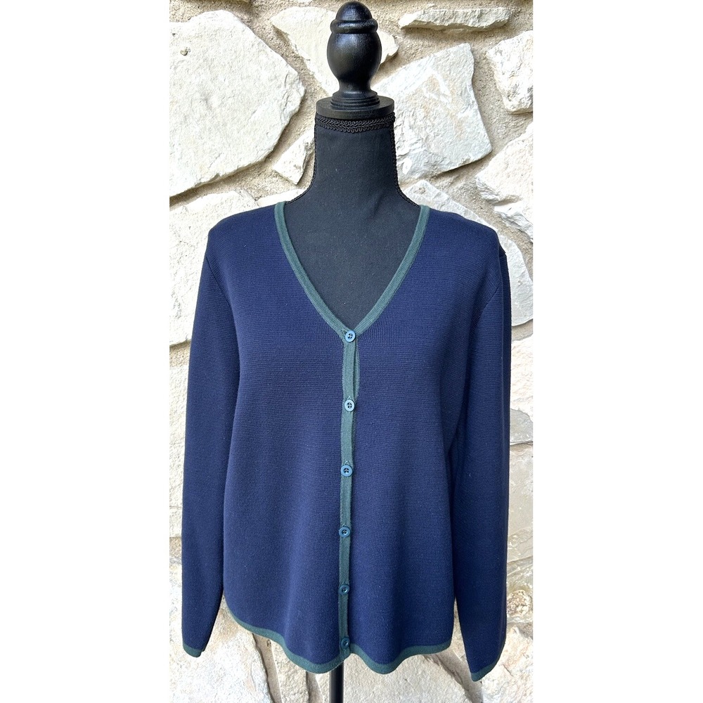 Pendleton Sweater Womens PS Navy Blue Green Trim 100% Cotton Cardigan EC
